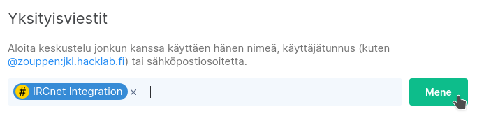 Matrixin yksityisviestin aloitus IRCNet Integration -botille