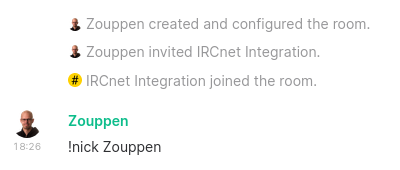 Uuden Matrix-tunnuksen IRCNet Integration -huoneen viestit ja nick-komento