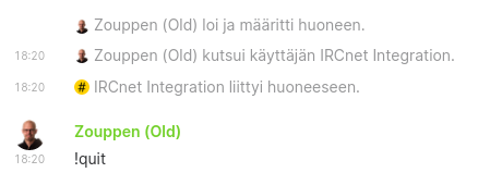 Vanhan Matrix-tunnuksen IRCNet Integration -huoneen viestit ja quit-komento